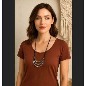 J. Jill Layered Necklace Crescent Curved Silver Tone Cord Adjustable Minimalist